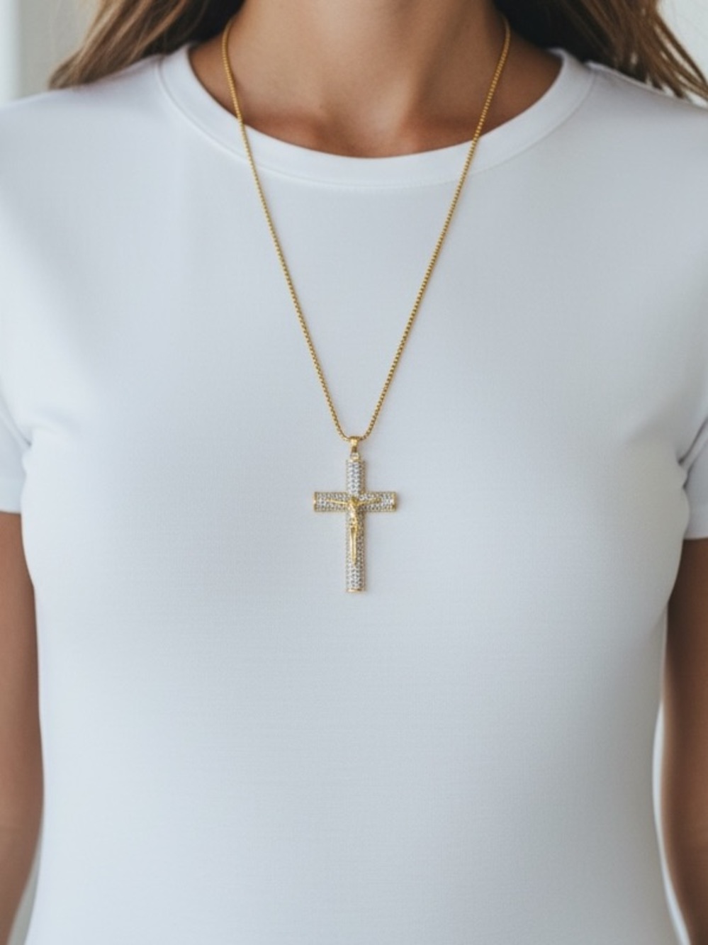 Gold plated Cross Pendant Necklace with Clear Crystals - Women's Jewelry